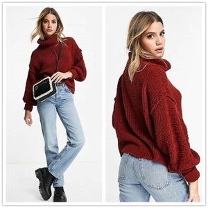 FREE PEOPLE Be Yours Chunky Knit Pullover Cowl Neck Sweater Sweet Cranberry  M